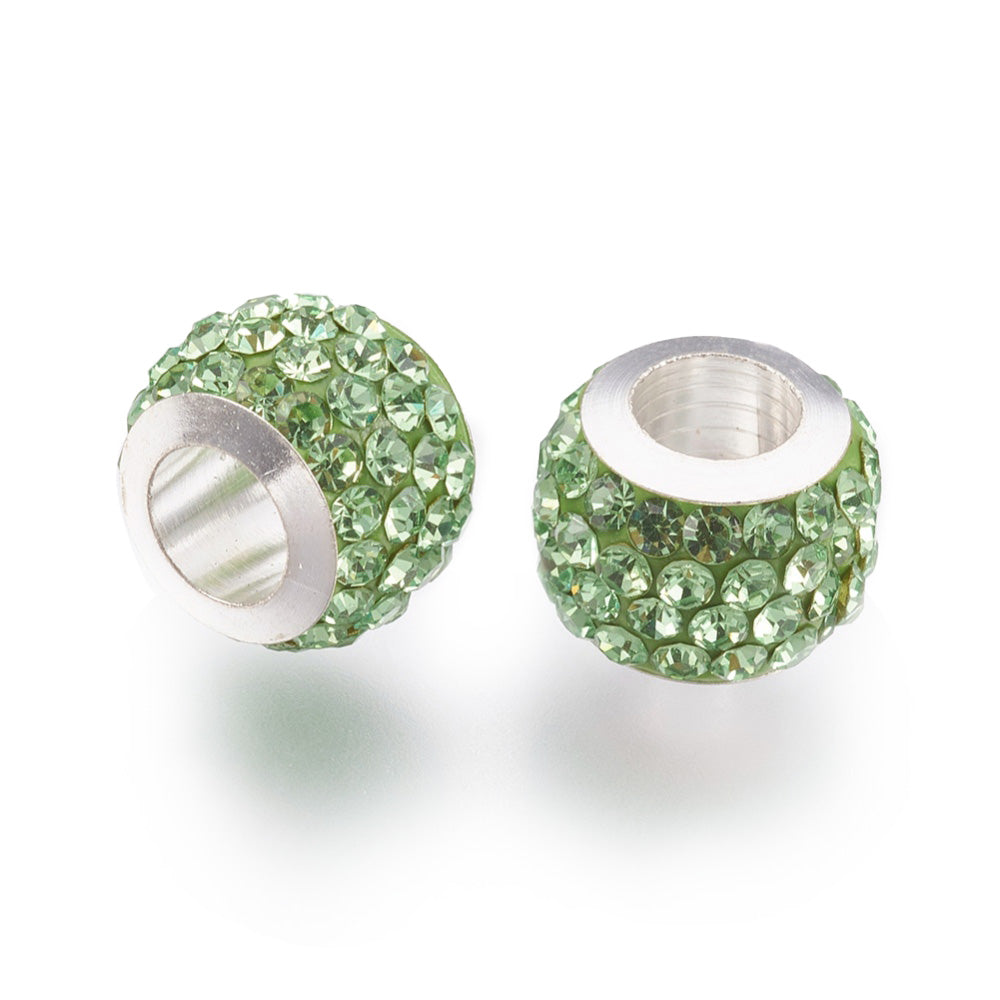 304 Stainless Steel European Large Hole Focal Beads. Rhinestone Spacer Beads, Rondelle, Peridot Green Colored Large Hole Beads. Add Some Shine and Sparkle to Your Creations.  Size: 11mm Diameter, 7.5mm Wide, Hole Size: 5mm, approx. 5pcs/bag.  Material: 304 Stainless Steel Polymer Clay Rhinestone Beads, Large Hole Beads, Rondelle, Peridot Green Color. Shiny, Sparkling Finish.