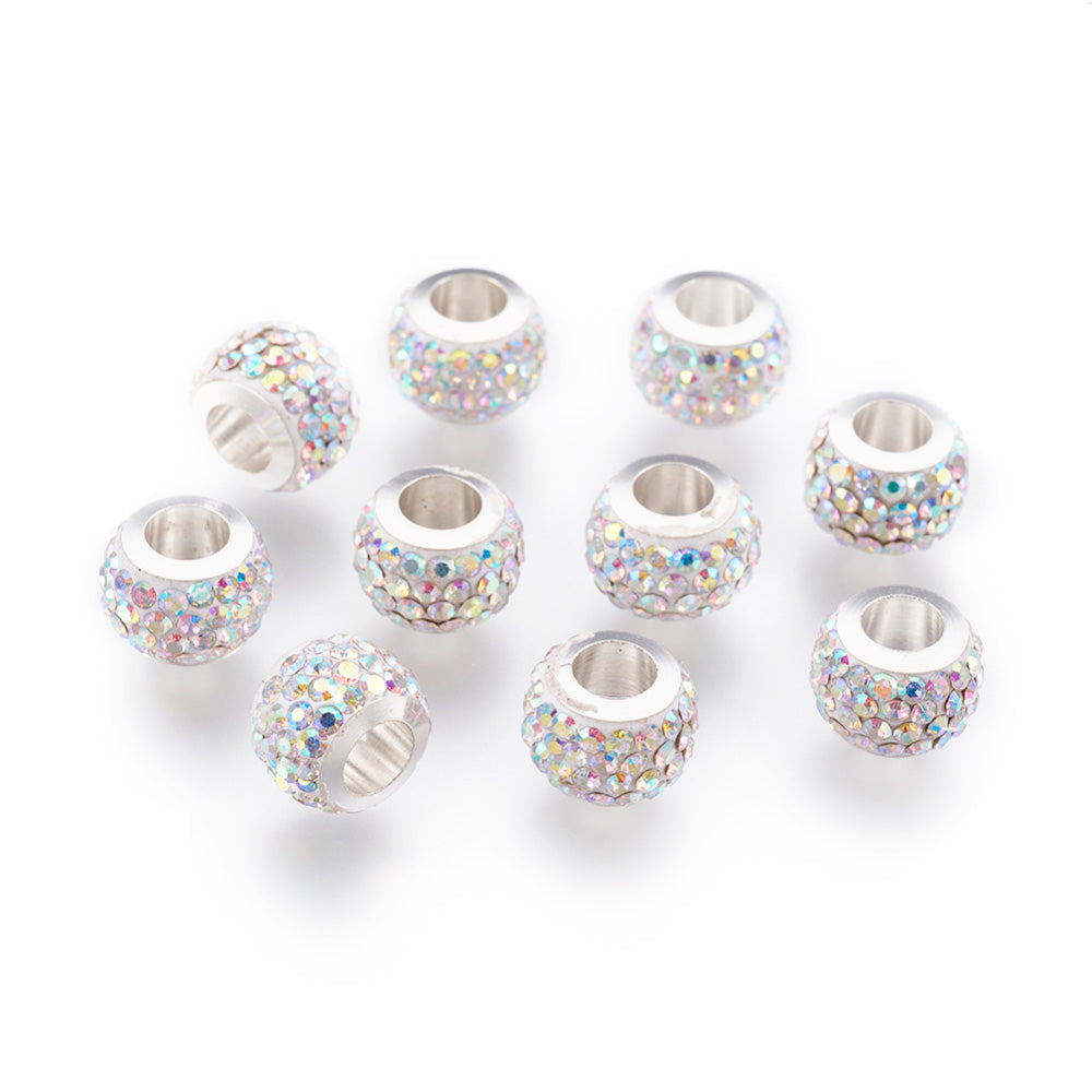 304 Stainless Steel European Large Hole Focal Beads. Rhinestone Spacer Beads, Rondelle, White Color with Rainbow Crystals Colored Large Hole Beads.   Size: 11mm Diameter, 7.5mm Wide, Hole Size: 5mm, approx. 5pcs/bag.  Material: 304 Stainless Steel Polymer Clay Rhinestone Beads, Large Hole Beads, Rondelle, White Color, Rainbow crystals. Shiny, Sparkling Finish. AB Plated Crystal Rhinestones.