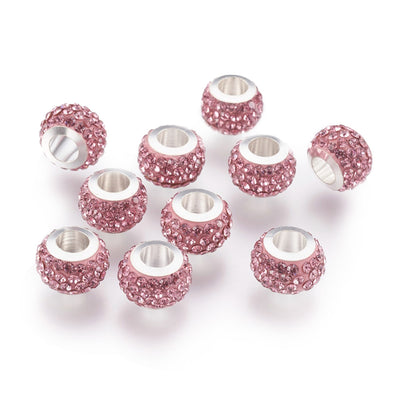 304 Stainless Steel European Large Hole Focal Beads. Rhinestone Spacer Beads, Rondelle, Light Rose Pink Color Large Hole Beads. Add Some Shine and Sparkle to Your Creations.  Size: 11mm Diameter, 7.5mm Wide, Hole Size: 5mm, approx. 5pcs/bag.  Material: 304 Stainless Steel Polymer Clay Rhinestone Beads, Large Hole Beads, Rondelle, Light Rose Pink Color. Shiny, Sparkling Finish.