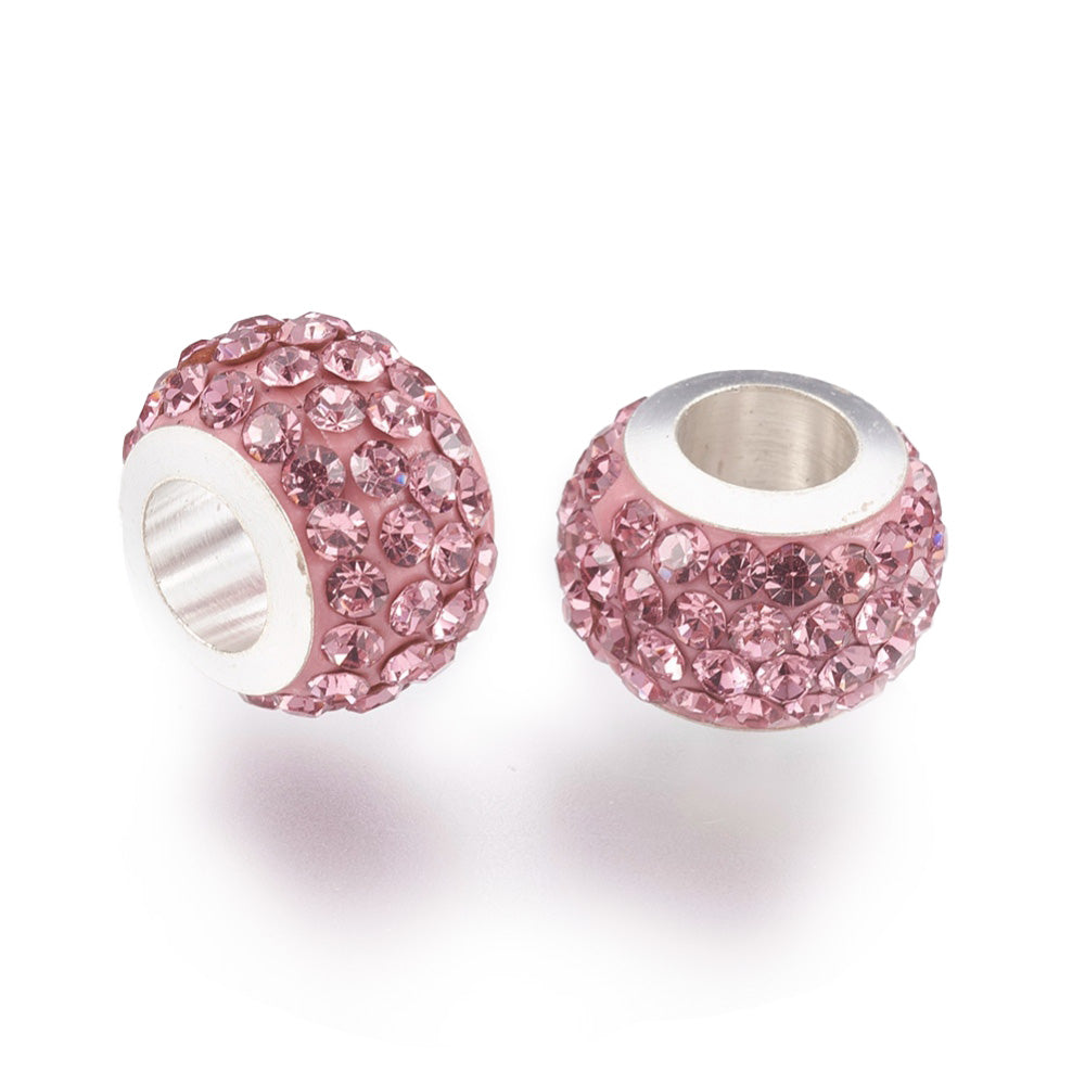 304 Stainless Steel European Large Hole Focal Beads. Rhinestone Spacer Beads, Rondelle, Light Rose Pink Color Large Hole Beads. Add Some Shine and Sparkle to Your Creations.  Size: 11mm Diameter, 7.5mm Wide, Hole Size: 5mm, approx. 5pcs/bag.  Material: 304 Stainless Steel Polymer Clay Rhinestone Beads, Large Hole Beads, Rondelle, Light Rose Pink Color. Shiny, Sparkling Finish.