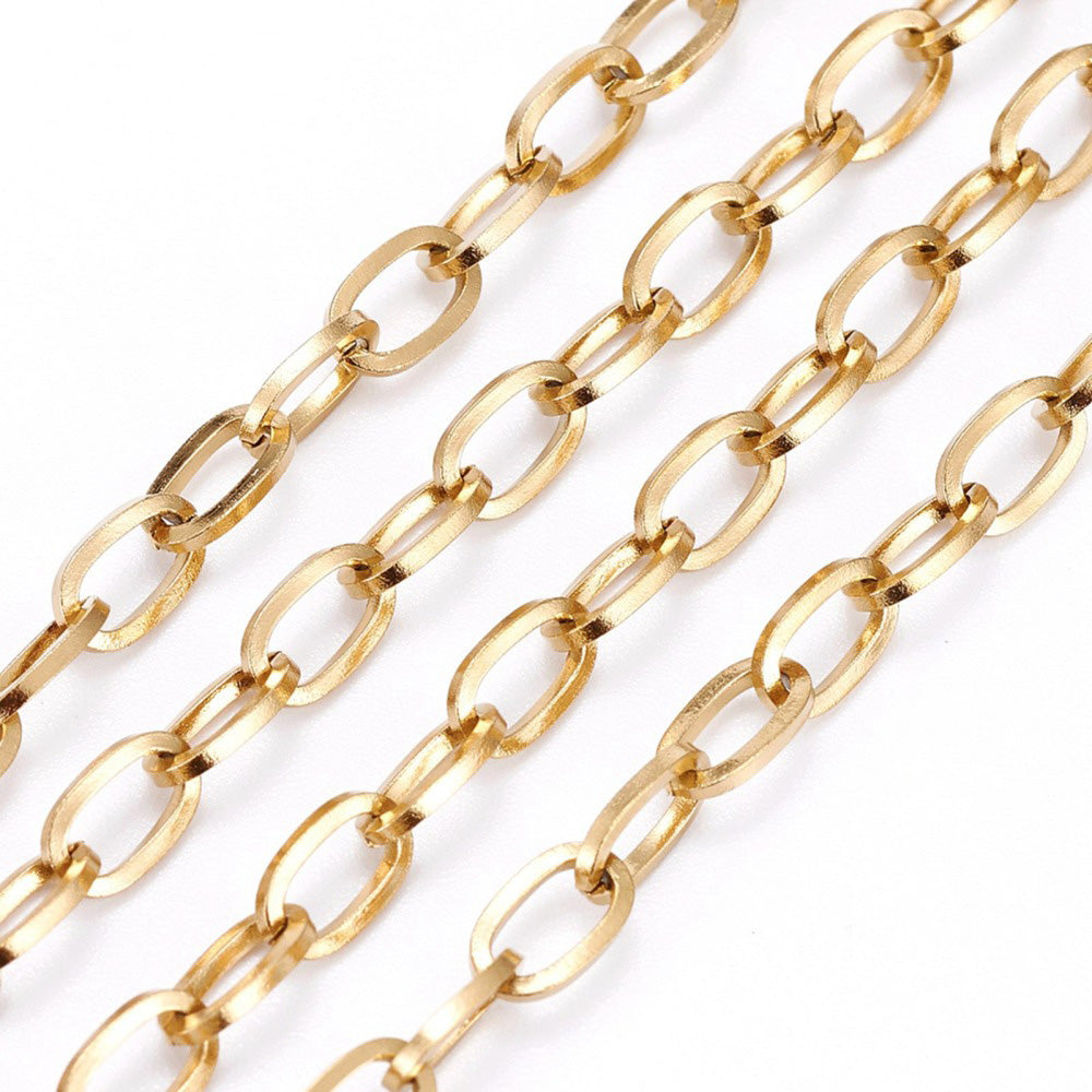 Stainless Steel Cable Chain, 18K Gold-Plated Chain for making DIY Jewelry.  Color: Stainless Steel   Size: 7x4x0.8mm sold per/1m  Material: 304 Stainless Steel, Ion Plating, 18K Gold-Plated Stainless-Steel Chain.