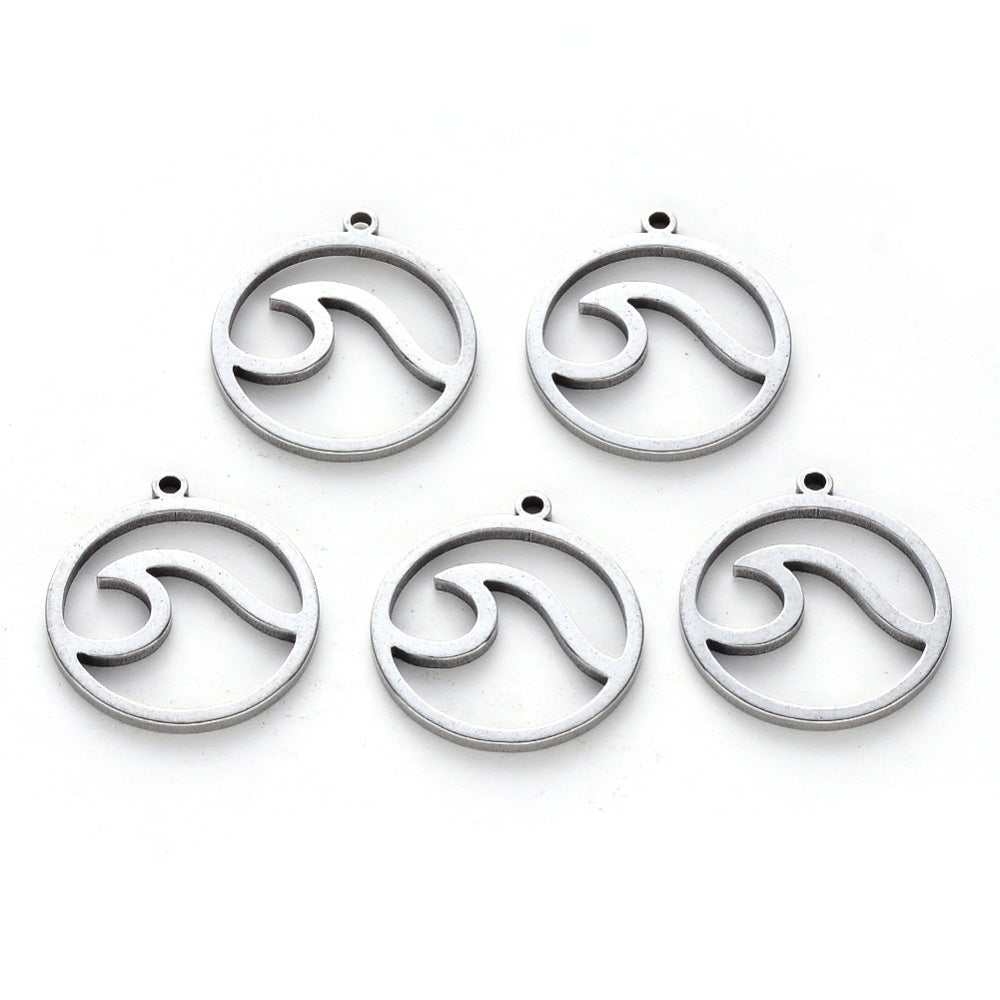 304 Stainless Steel Charms  Flat Round with Wave Design, Stainless Steel Colored Pendant Charms for DIY Jewelry Making.   Size: approx. 15mm Width, 17mm Length, 1mm Thick, Hole: 1mm, Quantity: 1 pcs/bag.   Material: 304 Stainless Steel Charms. Stainless Steel Silver Color. Shinny Finish.