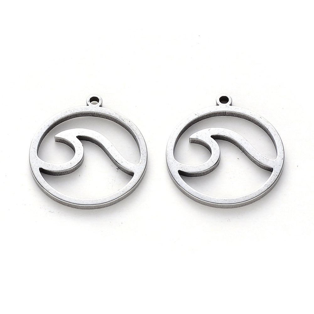 304 Stainless Steel Charms  Flat Round with Wave Design, Stainless Steel Colored Pendant Charms for DIY Jewelry Making.   Size: approx. 15mm Width, 17mm Length, 1mm Thick, Hole: 1mm, Quantity: 1 pcs/bag.   Material: 304 Stainless Steel Charms. Stainless Steel Silver Color. Shinny Finish.