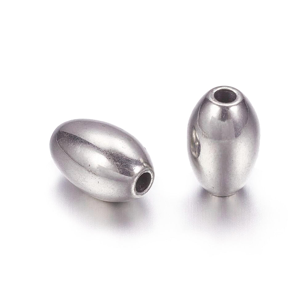 Stainless Steel Oval Spacer Beads, Stainless Steel Silver Color. Spacers for DIY Jewelry Making Projects. High Quality, Versatile, Non-Tarnish Spacers for Beading Projects.  Size: 6mm Diameter, 9mm Length, Hole: 1.3mm, approx. 10pcs/bag.   Material: 304 Stainless Steel Spacer Beads. Non-Tarnish, Stainless Steel Silver Color, Oval Shape, Polished, Shinny Finish.