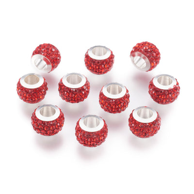 304 Stainless Steel European Large Hole Focal Beads. Rhinestone Spacer Beads, Rondelle, Red Colored Large Hole Beads. Add Some Shine and Sparkle to Your Creations.  Size: 11mm Diameter, 7.5mm Wide, Hole Size: 5mm, approx. 5pcs/bag.  Material: 304 Stainless Steel Polymer Clay Rhinestone Beads, Large Hole Beads, Rondelle, Red Color. Shiny, Sparkling Finish.