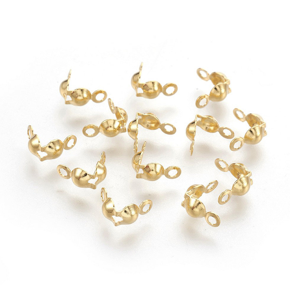 Stainless Steel Bead Tips, Gold Color Clamshell Knot Covers for DIY Jewelry Making.  Size: 8x4mm Hole:1.2mm, approx. 25pcs/pkg  Material: 304 Stainless Stell Bead Tip Clamshell Covers, Gold color Calotte Ends.