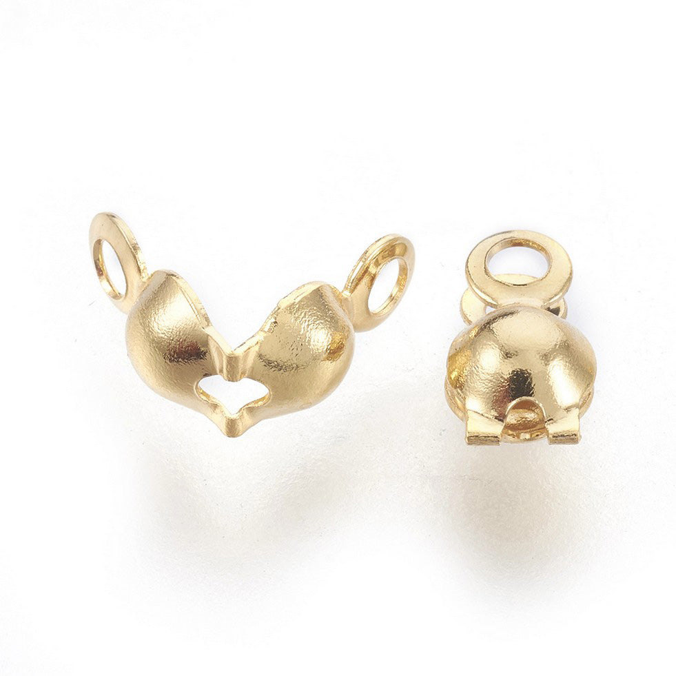 Stainless Steel Bead Tips, Gold Color Clamshell Knot Covers for DIY Jewelry Making.  Size: 8x4mm Hole:1.2mm, approx. 25pcs/pkg  Material: 304 Stainless Stell Bead Tip Clamshell Covers, Gold color Calotte Ends.