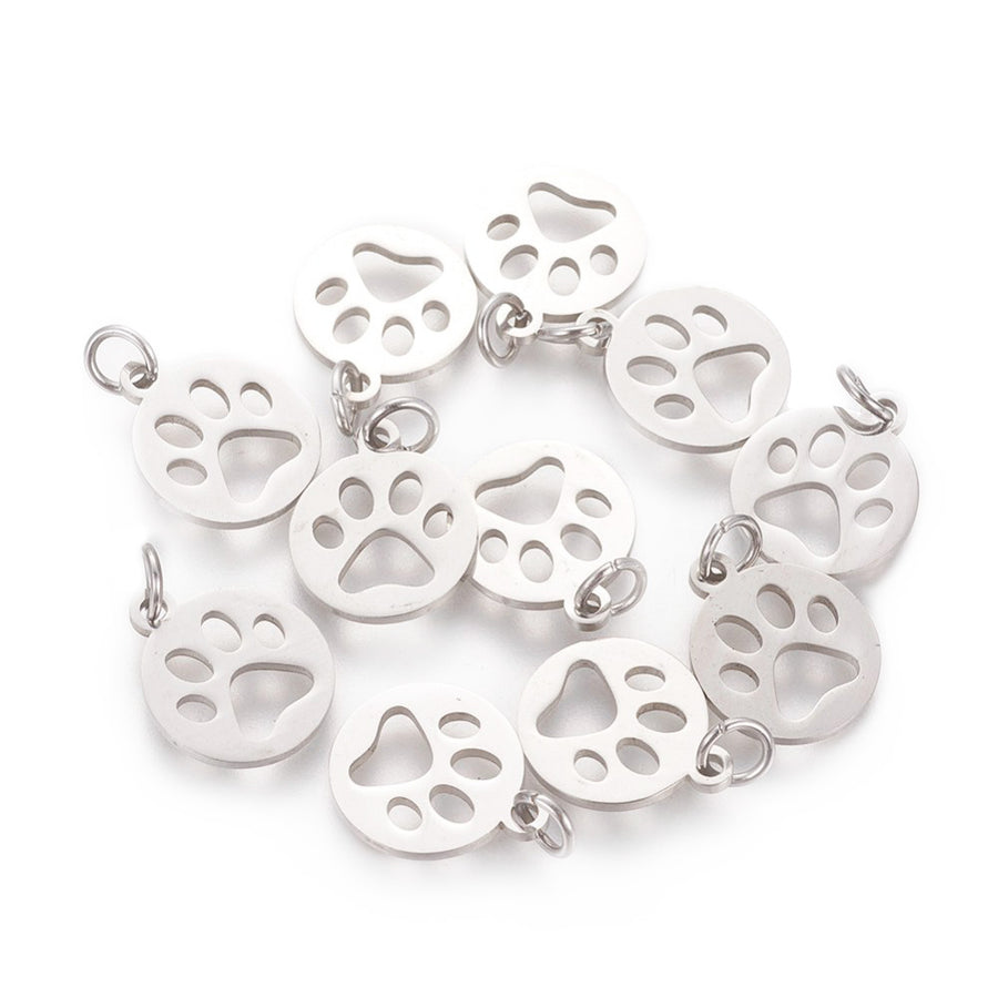 304 Stainless Steel Flat Round Dog Paw Print Charm, Stainless Steel Colored Pendant Charms for DIY Jewelry Making.   Size: approx. 12mm Width, 14mm Length, 1mm Thick, Hole: 4mm, Quantity: 1 pcs/bag.   Material: 304 Stainless Steel Charms. Stainless Steel Silver Color. Shinny Finish.