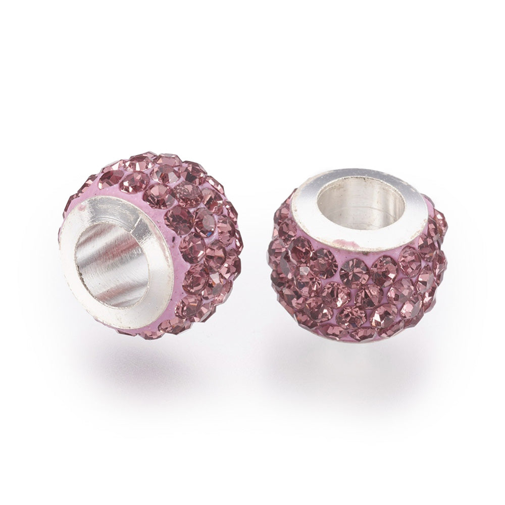 304 Stainless Steel European Large Hole Focal Beads. Rhinestone Spacer Beads, Rondelle, Light Amethyst Purple Colored Large Hole Beads. Add Some Shine and Sparkle to Your Creations.  Size: 11mm Diameter, 7.5mm Wide, Hole Size: 5mm, approx. 5pcs/bag.  Material: 304 Stainless Steel Polymer Clay Rhinestone Beads, Large Hole Beads, Rondelle, Light Amethyst Color. Shiny, Sparkling Finish.