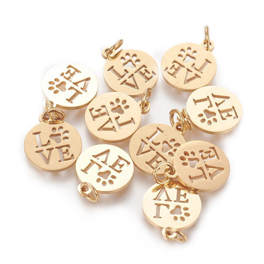 304 Stainless Steel Flat Round Charms with LOVE and Paw Print, Gold Stainless Steel Colored Charms for DIY Jewelry Making.   Size: approx. 12mm Width, 14mm Length, 1mm Thick, Hole: 3mm, Quantity: 1 pcs/bag.   Material: 304 Stainless Steel Charms. Stainless Steel Gold Color. 