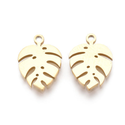 304 Stainless Steel Tropical Leaf Shaped Charms for DIY Jewelry Making.  Size: 13mm Length; 9mm Width; 1mm Thick; Hole: 1mm, 1pcs/package.  Material: 304 Stainless Steel Charms Ion Plating. Gold Tarnish Resistant Charms.