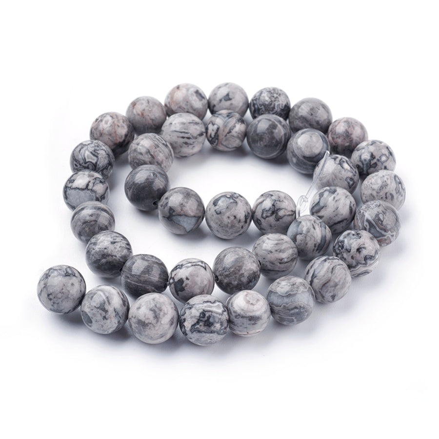 Natural Map Stone Jasper Beads, Round, Light Grey Color. Semi-Precious Gemstone Beads for DIY Jewelry Making.   Size: 10mm Diameter, Hole: 1mm; approx. 35-36pcs/strand, 14 Inches Long.  Material: Natural Map Stone/Picasso Stone/Picasso Jasper, Loose Stone Beads, Grey Color. Polished Stone Beads. Shinny Finish.   Map Stone Properties: Map Stone is a Nurturing Stone. It's Believed to have Comforting Energy. It Encourages Patience, Contentment, Emotional Healing and Tranquility.