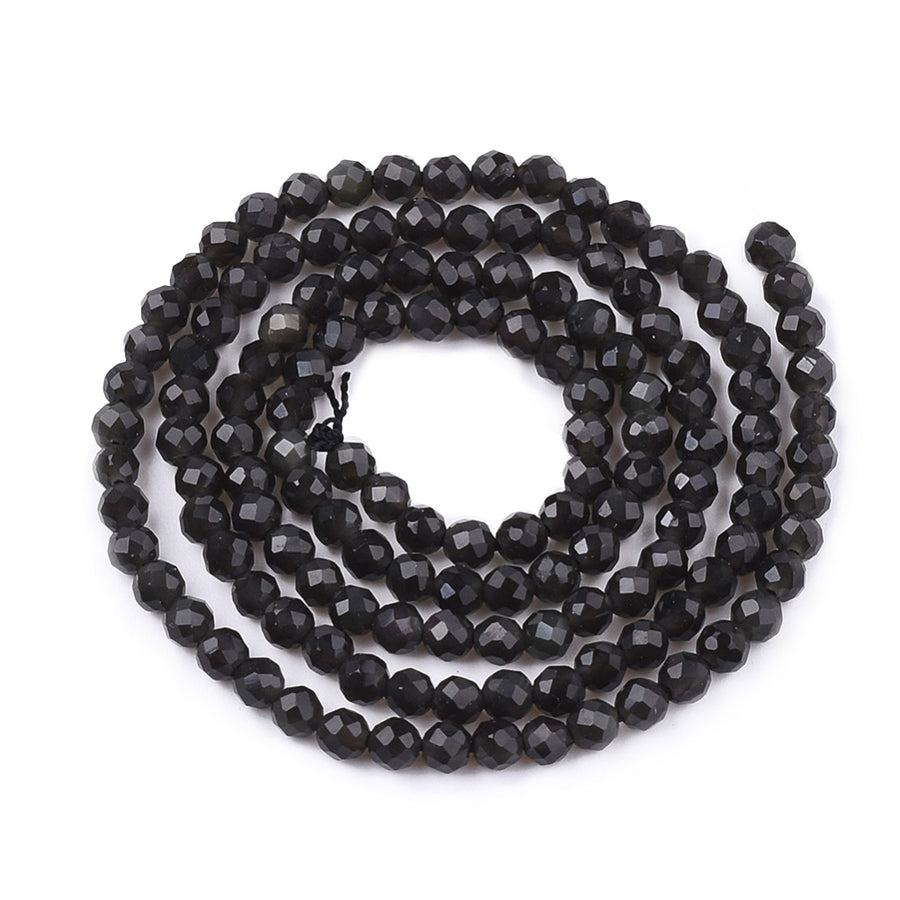 Faceted Black Obsidian Beads, Round, Black Color. Semi-Precious Gemstone Beads for DIY Jewelry Making.  Size: 3mm Diameter, Hole: 1mm; approx. 139-142pcs/strand, 14.5" Inches Long.  Material:  Genuine Black Obsidian, Faceted, Round, Black Color. Polished, Shinny Finish.
