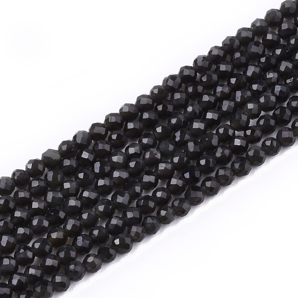 Faceted Black Obsidian Beads, Round, Black Color. Semi-Precious Gemstone Beads for DIY Jewelry Making.  Size: 3mm Diameter, Hole: 1mm; approx. 139-142pcs/strand, 14.5" Inches Long.  Material:  Genuine Black Obsidian, Faceted, Round, Black Color. Polished, Shinny Finish.