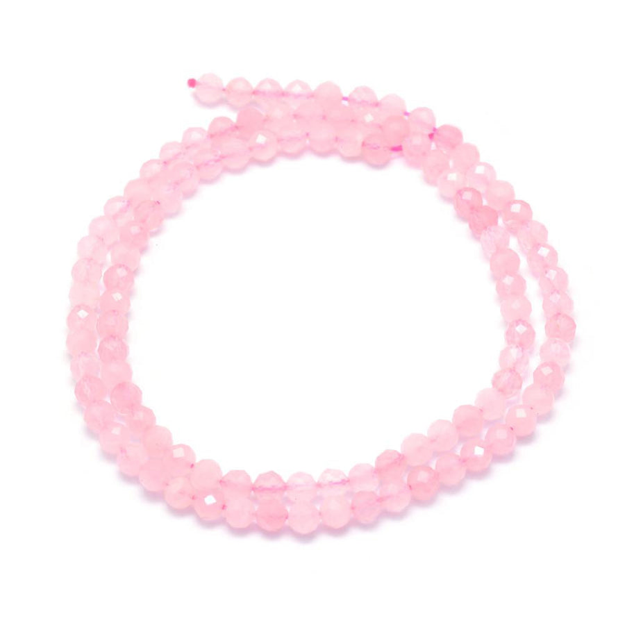 Faceted Rose Quartz Beads, Round, Pink Quartz Beads. Semi-precious Gemstone Beads for DIY Jewelry Making. Soft Pink, Rose Quartz Beads. Faceted Pink Quartz Crystal Beads.  Size: 3mm in diameter, Hole: 0.5mm; approx. 110-115pcs/strand, 15" inches long.  Material: Genuine Rose Quartz Stone Beads, Faceted, Round, Pink Gemstone Beads.