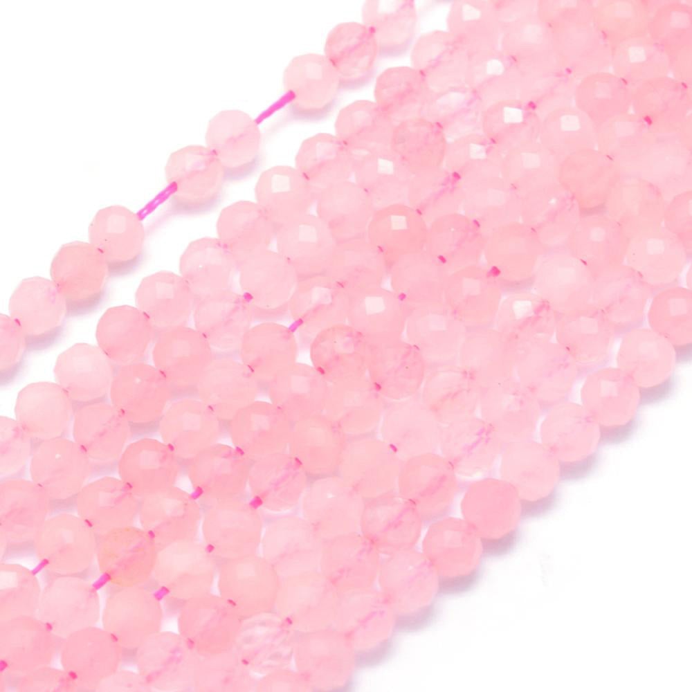 Faceted Rose Quartz Beads, Round, Pink Quartz Beads. Semi-precious Gemstone Beads for DIY Jewelry Making. Soft Pink, Rose Quartz Beads. Faceted Pink Quartz Crystal Beads.  Size: 3mm in diameter, Hole: 0.5mm; approx. 110-115pcs/strand, 15" inches long.  Material: Genuine Rose Quartz Stone Beads, Faceted, Round, Pink Gemstone Beads.