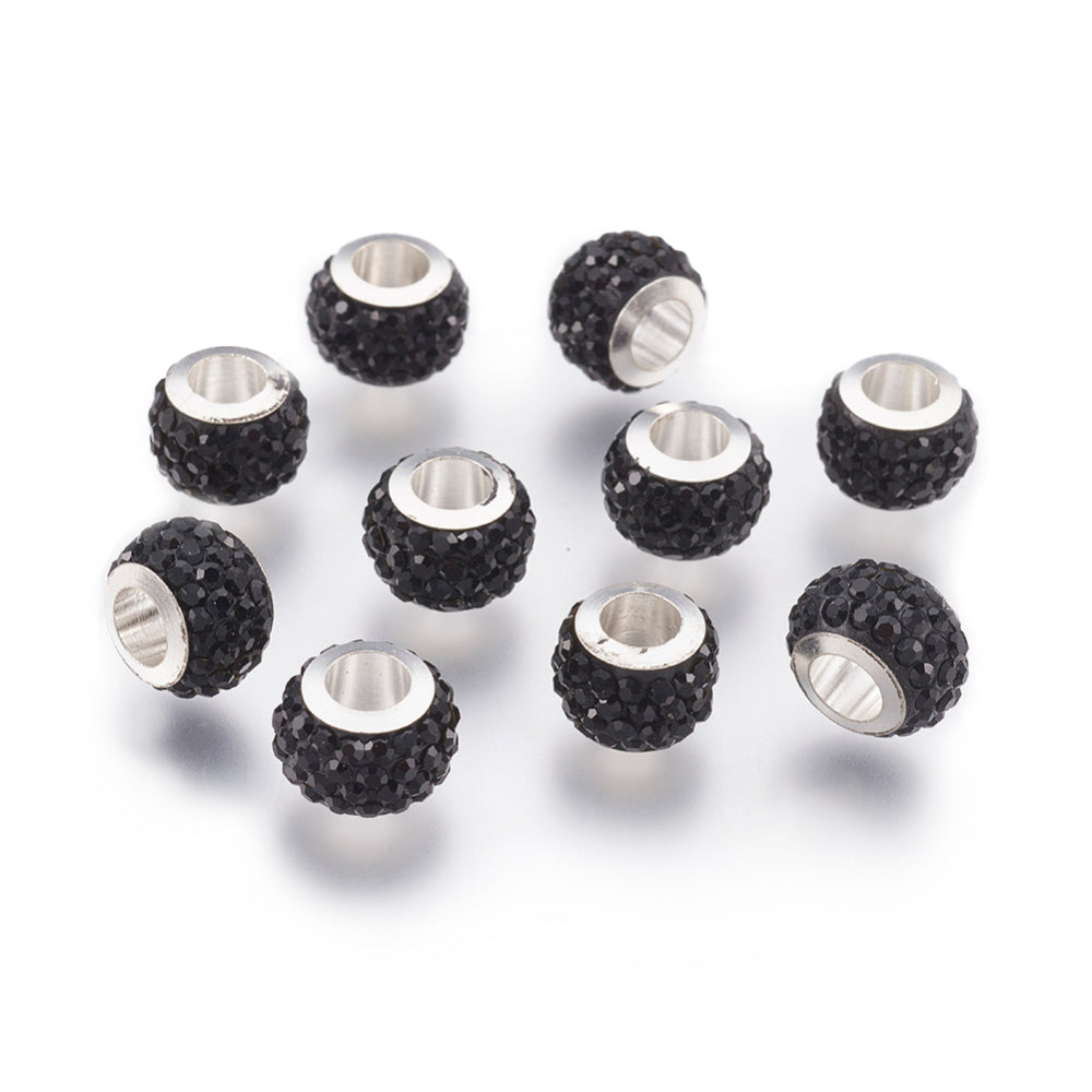 304 Stainless Steel European Large Hole Focal Beads. Rhinestone Spacer Beads, Rondelle, Jet Black Color with Crystals Colored Large Hole Beads.   Size: 11mm Diameter, 7.5mm Wide, Hole Size: 5mm, approx. 5pcs/bag.  Material: 304 Stainless Steel Polymer Clay Rhinestone Beads, Large Hole Beads, Rondelle, Black Color, with black crystals. Shiny, Sparkling Finish. 