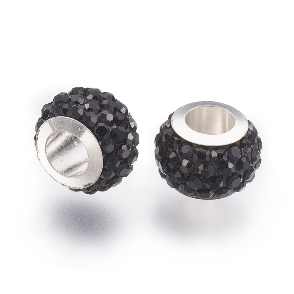 304 Stainless Steel European Large Hole Focal Beads. Rhinestone Spacer Beads, Rondelle, Jet Black Color with Crystals Colored Large Hole Beads.   Size: 11mm Diameter, 7.5mm Wide, Hole Size: 5mm, approx. 5pcs/bag.  Material: 304 Stainless Steel Polymer Clay Rhinestone Beads, Large Hole Beads, Rondelle, Black Color, with black crystals. Shiny, Sparkling Finish. 