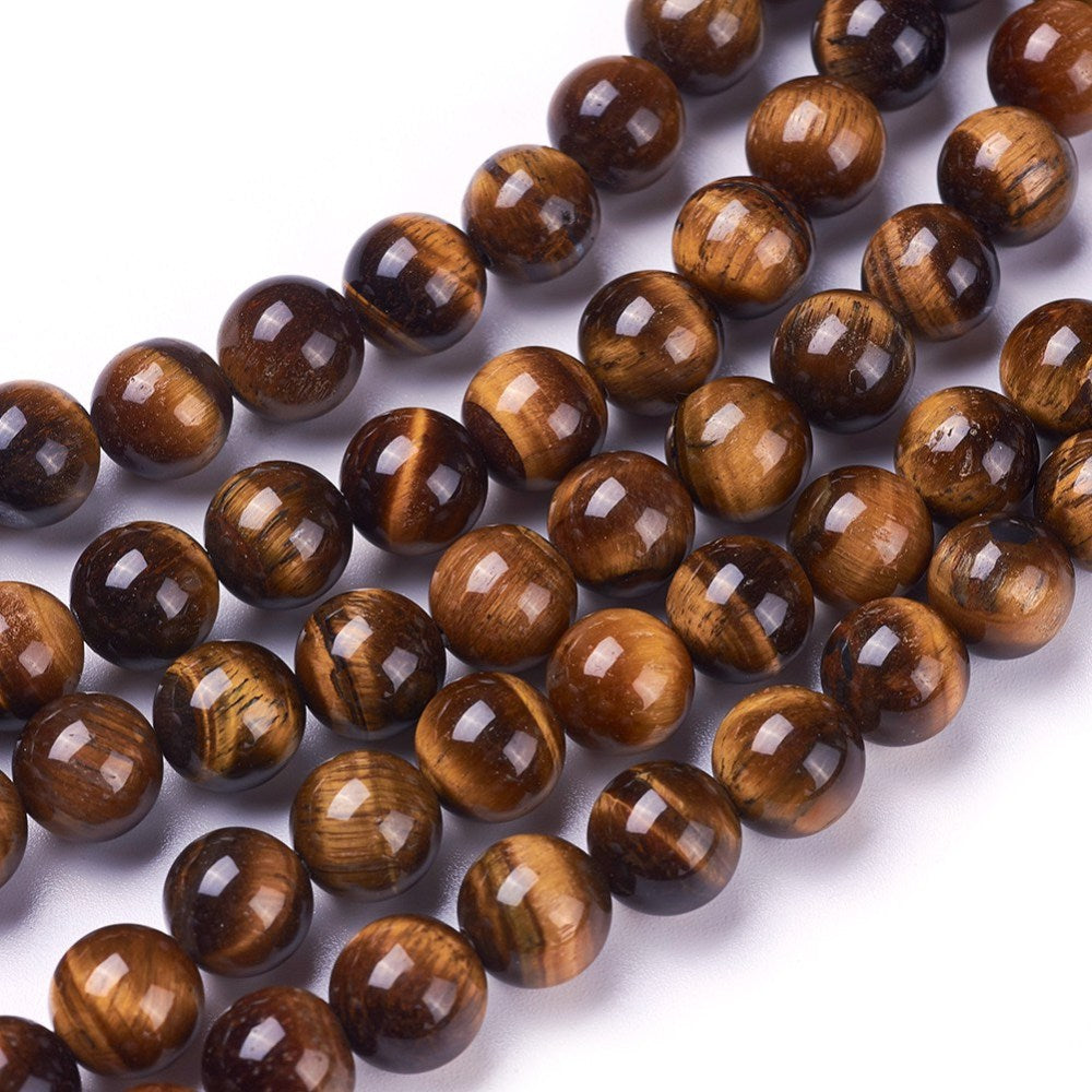 Premium Grade Tiger Eye Beads, Round, Dark Goldenrod Color. Semi-precious Gemstone Tiger Eye Beads for DIY Jewelry Making.  High Quality Beads for Making Mala Bracelets. Size: 8mm in diameter, hole: 1mm, approx. 48pcs/strand, 15 inches long.  Material: Grade AB+ Genuine Natural Dark Goldenrod Tiger Eye Loose Stone Beads, High Quality Polished Stone Beads. Shinny, Polished Finish.  bead lot.