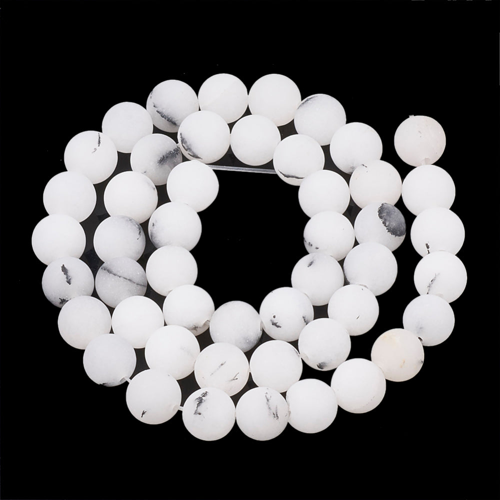 Natural Rutilated Quartz Bead Strands, Round, Frosted, White Color. Matte Semi-precious Rutilated Quartz Gemstone Beads for DIY Jewelry Making.   Size: 6mm in diameter, hole: 1mm, approx. 63pcs/strand, 15 inches long.