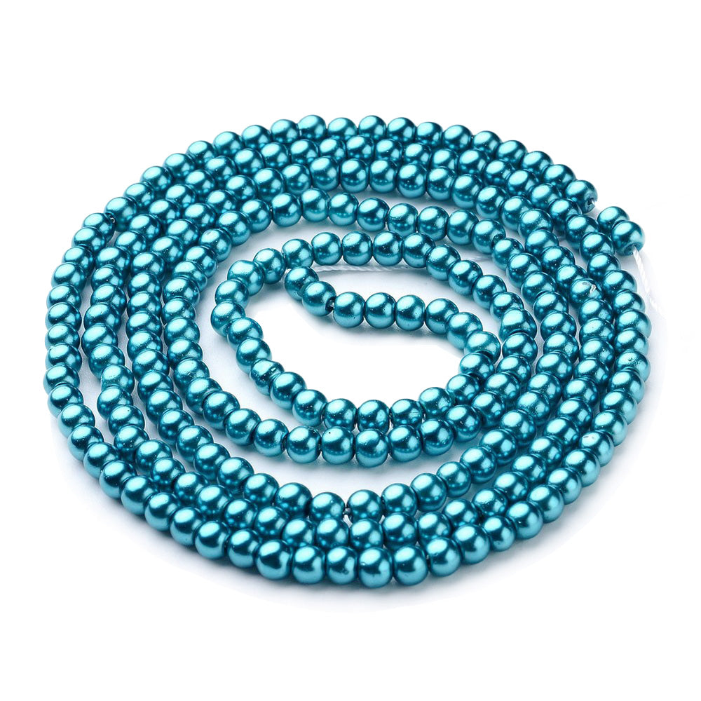 Pearlized Glass Pearl Beads Strands, Round, Metallic Dark Cyan Color Pearls.   Size: 4mm in diameter, hole: 0.5mm, approx. 215pcs/strand, 32 inches/strand.  Wide Usage: Glass Pearl Beads are Excellent for Beading, Wedding Themed Accessories, Jewelry Design, DIY Gifts, Hand Crafts, Necklace and Bracelet Making. 