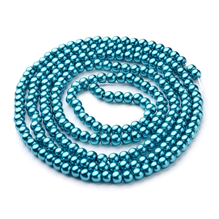 Pearlized Glass Pearl Beads Strands, Round, Metallic Dark Cyan Color Pearls.   Size: 4mm in diameter, hole: 0.5mm, approx. 215pcs/strand, 32 inches/strand.  Wide Usage: Glass Pearl Beads are Excellent for Beading, Wedding Themed Accessories, Jewelry Design, DIY Gifts, Hand Crafts, Necklace and Bracelet Making. 
