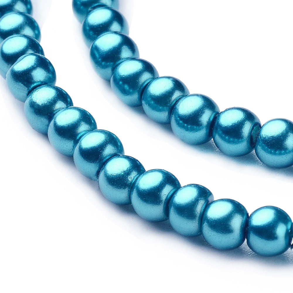 Pearlized Glass Pearl Beads Strands, Round, Metallic Dark Cyan Color Pearls.   Size: 4mm in diameter, hole: 0.5mm, approx. 215pcs/strand, 32 inches/strand.  Wide Usage: Glass Pearl Beads are Excellent for Beading, Wedding Themed Accessories, Jewelry Design, DIY Gifts, Hand Crafts, Necklace and Bracelet Making. 