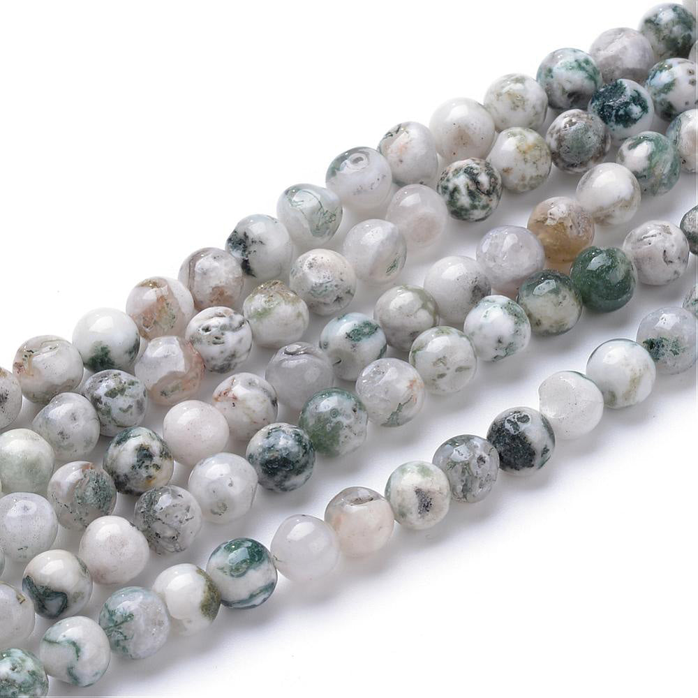 Lovely Natural Tree Agate Beads, Round, Green and White Multi-Color. Semi-Precious Gemstone Beads for Jewelry Making. Great for Stretch Bracelets and Necklaces.  Size: 4mm Diameter, Hole: 0.8mm; approx. 92pcs/strand, 14.75" Inches Long.  Material: The Beads are Natural Tree Agate, Multi-Color, Forest Green Color with White and Brown Markings. Polished, Shinny Finish.