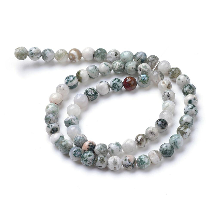 Lovely Natural Tree Agate Beads, Round, Green and White Multi-Color. Semi-Precious Gemstone Beads for Jewelry Making. Great for Stretch Bracelets and Necklaces.  Size: 4mm Diameter, Hole: 0.8mm; approx. 92pcs/strand, 14.75" Inches Long.  Material: The Beads are Natural Tree Agate, Multi-Color, Forest Green Color with White and Brown Markings. Polished, Shinny Finish.