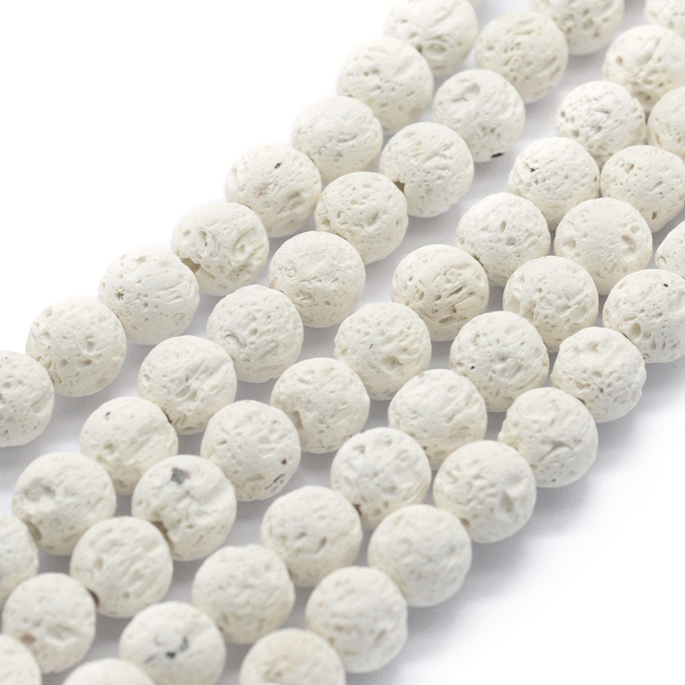 Natural Lava Rock Beads, Round, Bumpy, White Color. Semi-Precious Lava Beads.  Size: 4mm in diameter, hole: 1mm; approx. 91-95pcs/strand, 15" inches long.  Material: The Beads are Natural Lava Stone; Lava Beads (Basalt) are a Form of Molten Rock. Lava Stones are Fairly Lightweight; Making them Great for Jewelry. 