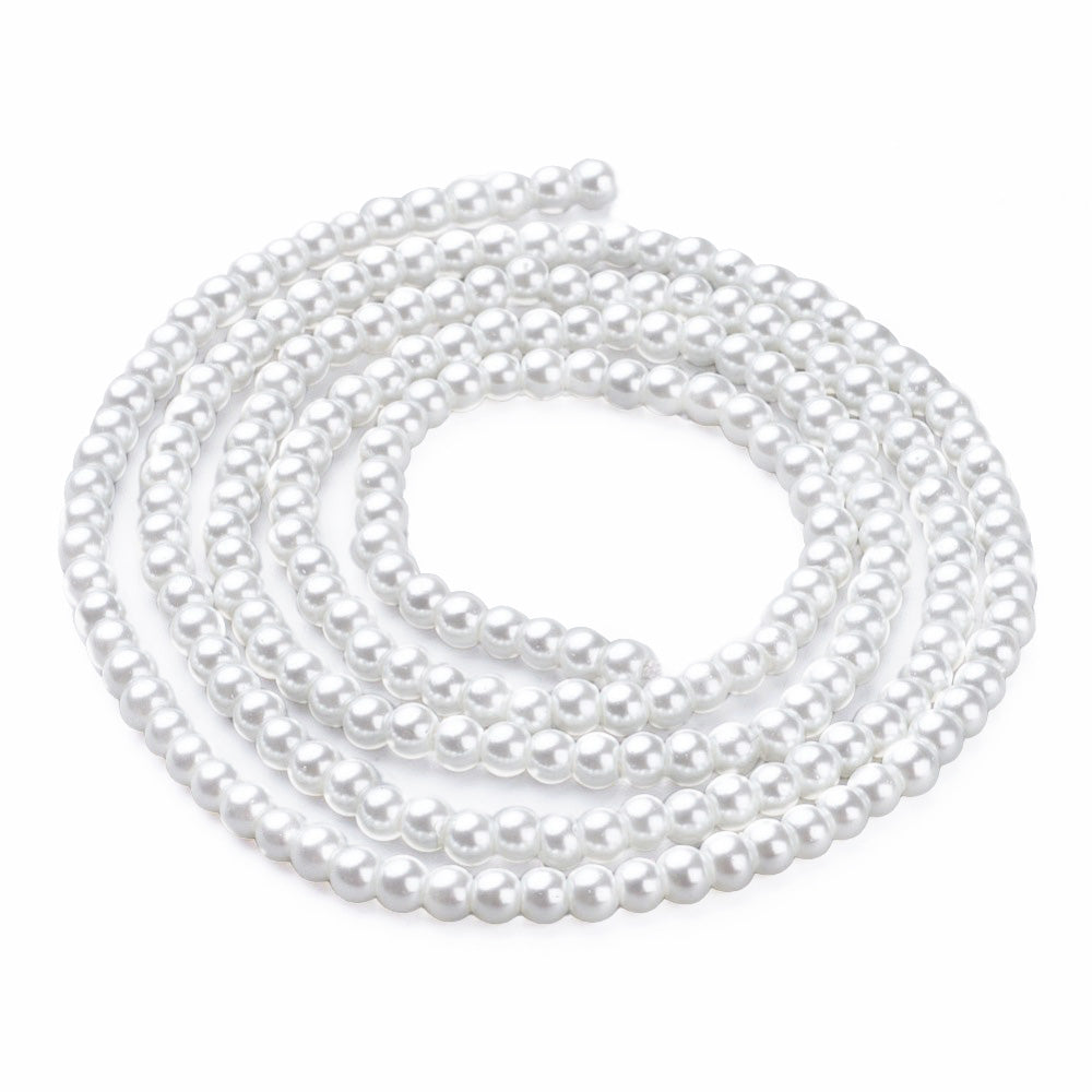 Glass Pearl Bead Strands, Round, White Color. Shinny Pearl Beads for Jewelry Making.  Size: 4mm in diameter, hole: 1mm; approx. 198pcs/strand, 30 inches long.  Material: The Beads are Made from Glass. Glass, Pearlized, Round, White Color Beads. Polished, Shinny Finish.