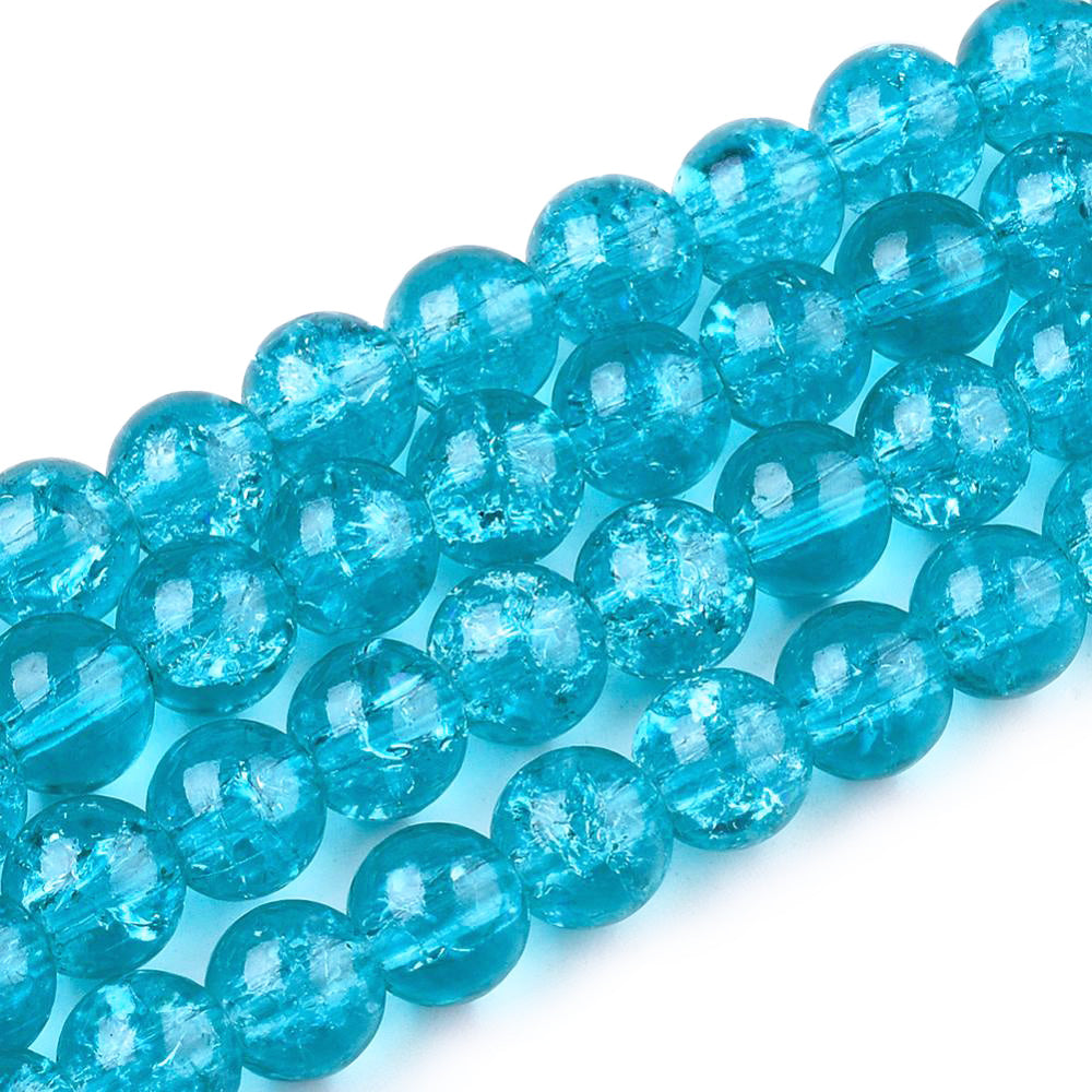 Crackle Glass Beads, Round, Bright Blue Color. Glass Beads for DIY Jewelry Making. Affordable, Colorful Crackle Beads. Great for Stretch Bracelets.  Size: 6mm Diameter Hole: 1.3mm; approx. 125pcs/strand, 31" Inches Long.  Material: The Beads are Made from Glass. Crackle Glass Beads, Bright Blue Colored Beads. Polished, Shinny Finish.