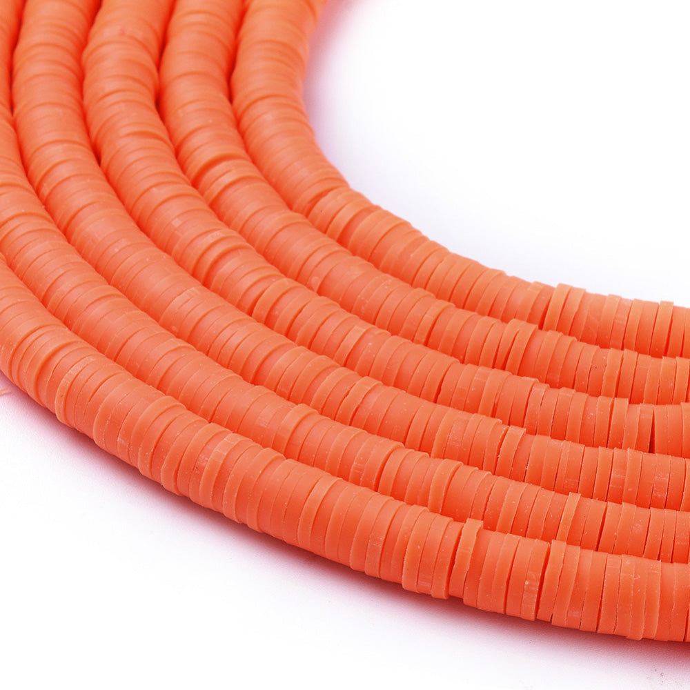 Bright Orange Polymer Clay Beads, Flat Disc Shape, Neon Orange Color. Polymer Clay Heishi Beads for DIY Jewelry Making. Great for friendship bracelets. Affordable polymer clay beads.  Size: 6mm Diameter, 1mm Thick, Hole: 2mm, approx. 380pcs/strand, 16 Inches Long.  Material: Polymer Clay, Heishi Loose Beads. Orange Color, Disc Shaped, Lightweight Beads. 