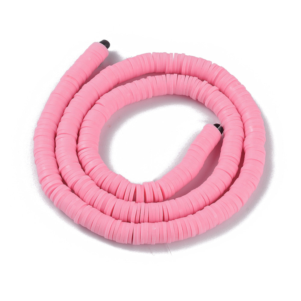 Flamingo Pink Polymer Clay Beads, Flat Disc Shape, Bright Pink Color. Polymer Clay Heishi Beads for DIY Jewelry Making. Great for friendship bracelets. Affordable polymer clay beads.  Size: 6mm Diameter, 1mm Thick, Hole: 2mm, approx. 380pcs/strand, 16 Inches Long.  Material: Polymer Clay, Heishi Loose Beads. Pink Color, Disc Shaped, Lightweight Beads. 