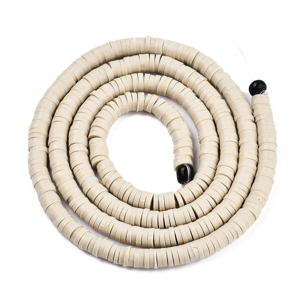 Beige Polymer Clay Beads, Flat Disc Shape, Light Tan Beige Color. Polymer Clay Heishi Beads for DIY Jewelry Making. Great for friendship bracelets. Affordable polymer clay beads.  Size: 6mm Diameter, 1mm Thick, Hole: 2mm, approx. 380pcs/strand, 16 Inches Long.  Material: Polymer Clay, Heishi Beads. Goldenrod Color, Disc Shaped, Lightweight Beads. 