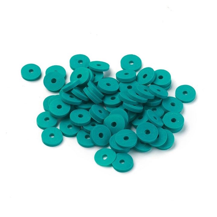 Dark Cyan Polymer Clay Beads, Flat Disc Shape, Cyan Green Blue Color. Polymer Clay Heishi Beads for DIY Jewelry Making. Great for friendship bracelets. Affordable polymer clay beads.  Size: 6mm Diameter, 1mm Thick, Hole: 2mm, approx. 380pcs/strand, 16 Inches Long.  Material: Polymer Clay, Heishi Loose Beads. Cyan Color, Disc Shaped, Lightweight Beads. 