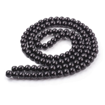 Glass Pearl Bead Strands, Round, Black Color. Shinny, Black Pearl Beads for Jewelry. Size: 8mm in diameter, hole: 1mm; approx. 105pcs/strand, 32" inches long.  Material: The Beads are Made from Glass. Glass, Pearlized, Round, Black Color Beads. Polished. Shinny Finish. bead lot.