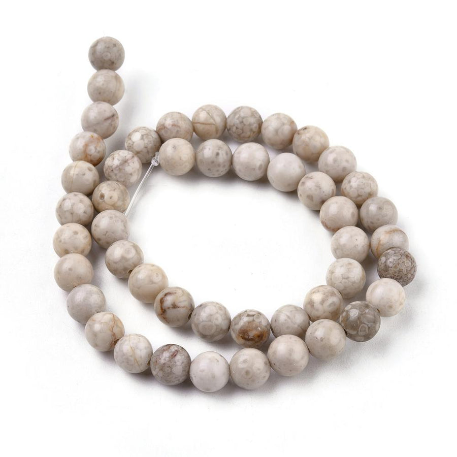 Natural Maifan Stone Beads, Round, Cream Color. Maifanite Semi-Precious Gemstone Beads for DIY Jewelry Making. Great for Mala Bracelets. Grey & Cream Color Fossil Beads.  Size: 8mm Diameter, Hole: 1mm; approx. 46pcs/strand, 15" Inches Long.  Material: Genuine Maifanite/Maifan Stone Beads. High Quality Natural Fossilized Medicine Stone Beads. Greyish Cream Color with Brown Markings. Polished Finish. 