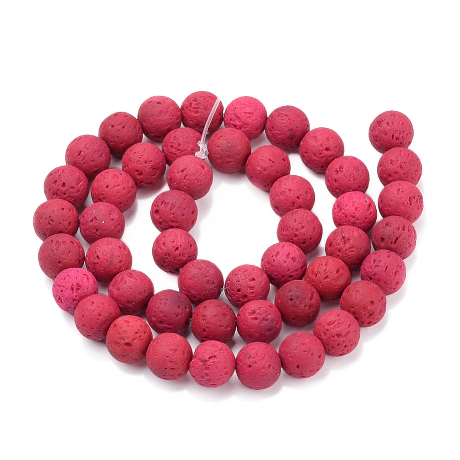 Red Lava Stone Beads, Round, Bumpy, Red Color. Semi-Precious Lava Stone Beads.  Size: 8-8.5mm Diameter, Hole: 1mm; approx. 46pcs/strand, 14.5" inches long.  Material:  Porous Lava Stone Beads, Dyed, Bumpy, Round Beads. Lava Stones are Fairly Lightweight; Making them Great for Jewelry. Affordable, High Quality Beads.