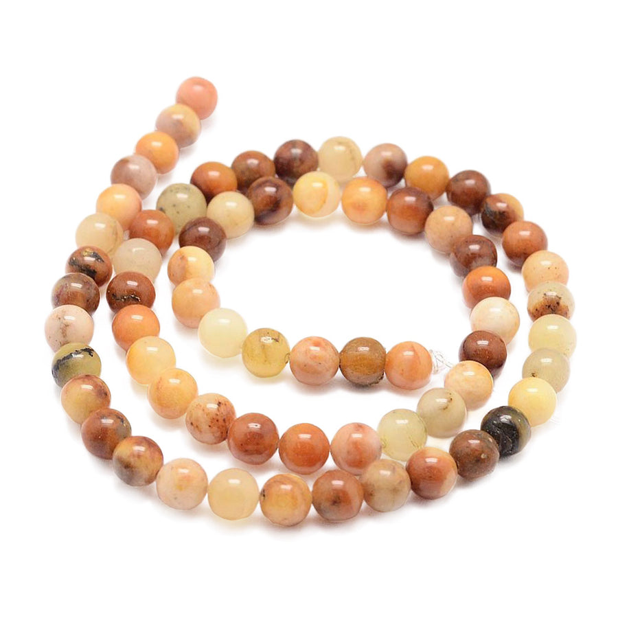 Natural Topaz Jade Beads, Round, Opaque Yellow/Orange Multi-Color. Semi-Precious Crystal Gemstone Beads for Jewelry Making. Great for Stretch Bracelets.  Size: 6mm Diameter, Hole: 1mm; approx. 62pcs/strand, 15" inches long.