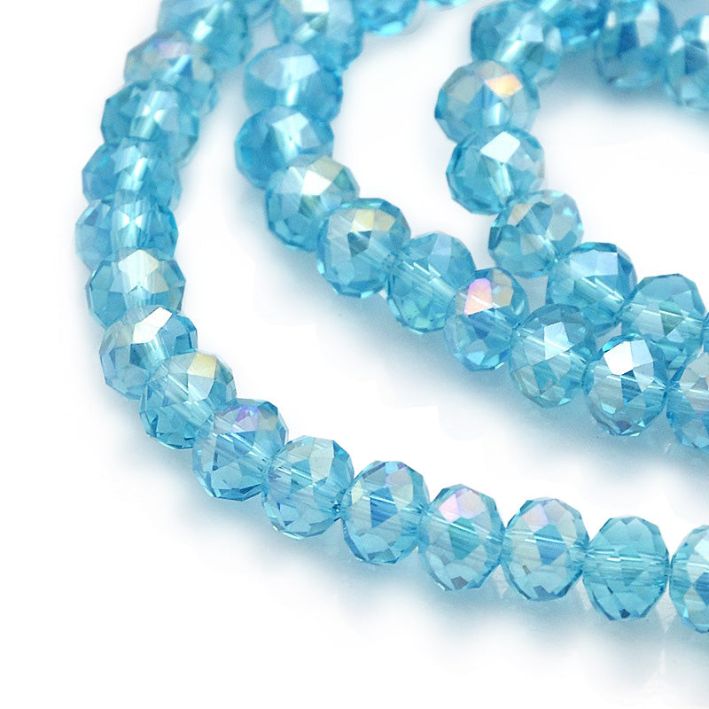 Electroplated Glass Beads, Faceted, Sky Blue Color, Rondelle, Glass Crystal Bead Strands. Shinny, Premium Quality Crystal Beads for Jewelry Making.  Size: 6mm Diameter, 4mm Thick, Hole: 1mm; approx. 98pcs/strand, 17" inches long.  Material: The Beads are Made from Glass. Electroplated Glass Crystal Beads, Rondelle, Sky Blue AB Colored Beads. Polished, Shinny Finish.