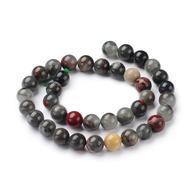 African Bloodstone Beads, Natural Heliotrope Semi-Precious Stone Beads.  Size: 6mm Diameter, Hole: 1mm; approx. 60-62pcs/strand, 15" Inches Long.  Material: Genuine Heliotrope Stone Beads; African Bloodstone Beads. Multi-color, Polished, Shinny Finish.