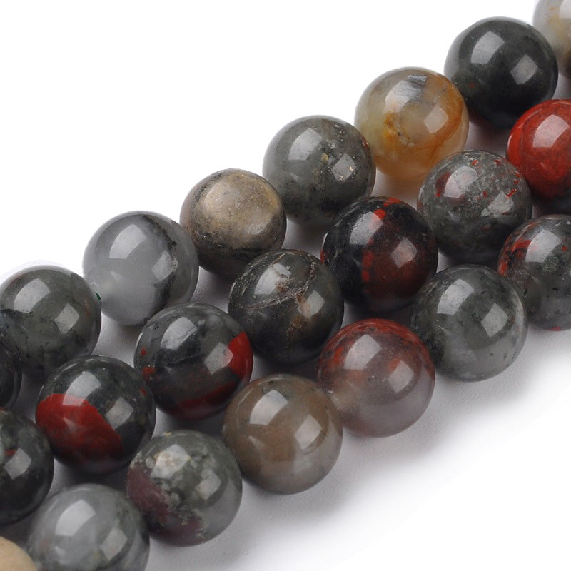 African Bloodstone Beads, Natural Heliotrope Semi-Precious Stone Beads.  Size: 6mm Diameter, Hole: 1mm; approx. 60-62pcs/strand, 15" Inches Long.  Material: Genuine Heliotrope Stone Beads; African Bloodstone Beads. Multi-color, Polished, Shinny Finish.