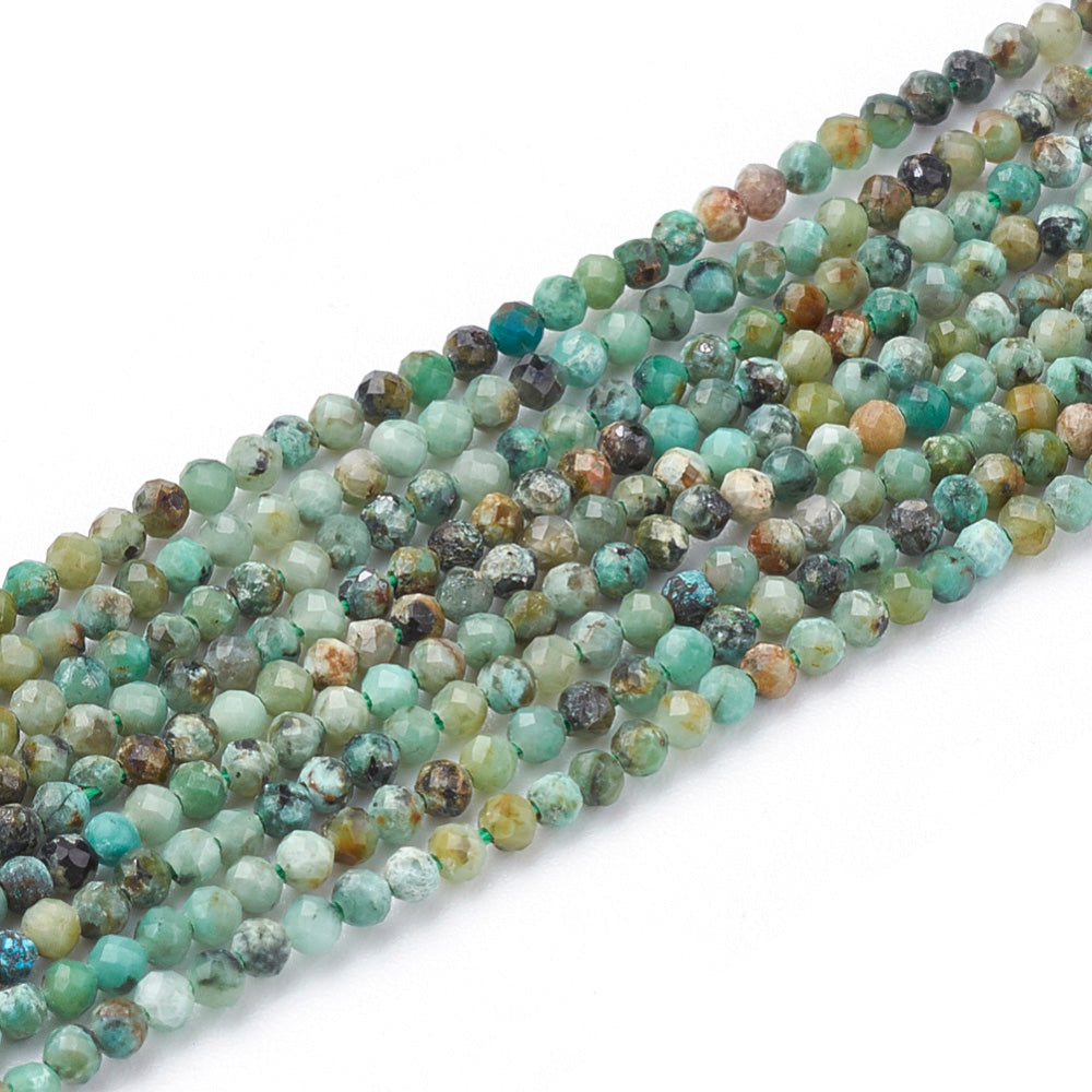 Faceted African Turquoise Jasper Beads, Round, Turquoise Green Color. Semi-Precious Stone Jasper Beads for Jewelry Making.   Size: 2mm Diameter, Hole: 0.3mm; approx. 215pcs/strand, 15" inches long.  Material: Natural African Turquoise Faceted Semi Precious Gemstone Beads. Turquoise Green Color. Polished, Shinny Finish.