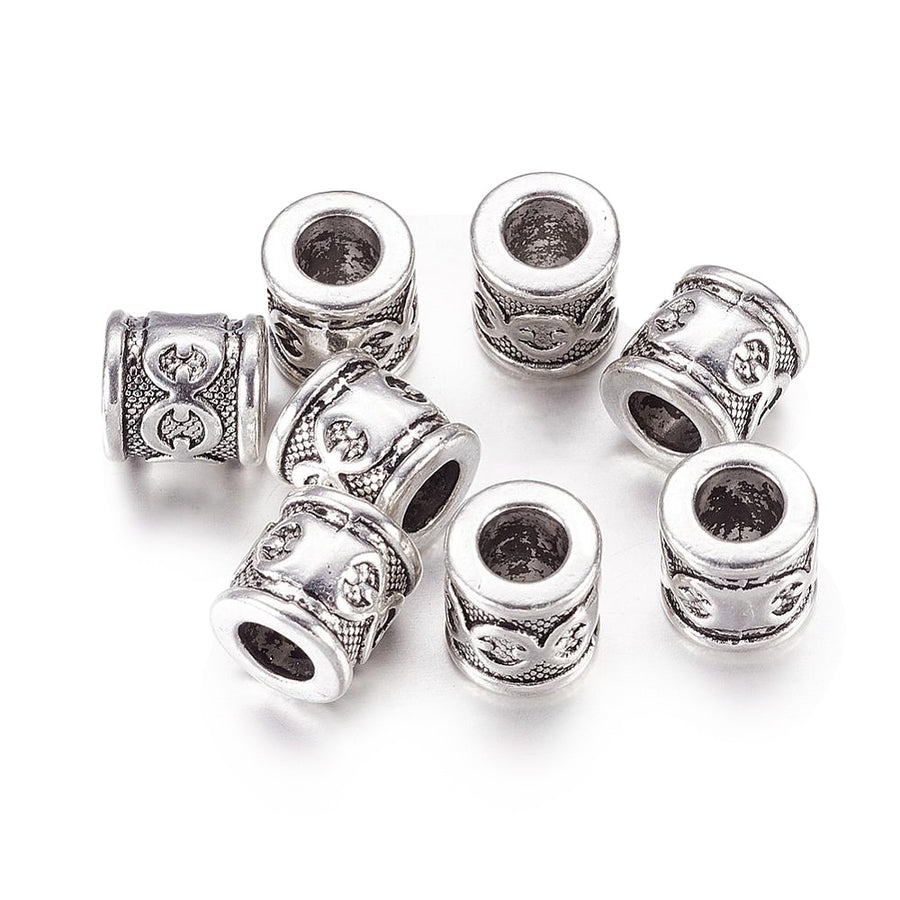 Tube Spacer Beads, Antique Silver Color. Gold Column/Tube Spacers for DIY Jewelry Making Projects.   Size: 10mm Diameter, 10mm Thick, Hole: 5.5mm, approx. 5pcs/bag.   Material: Antique Silver Tibetan Style Alloy Column/Tube Spacer Beads. Shinny Finish. 100% Lead and Nickel Free Spacers.