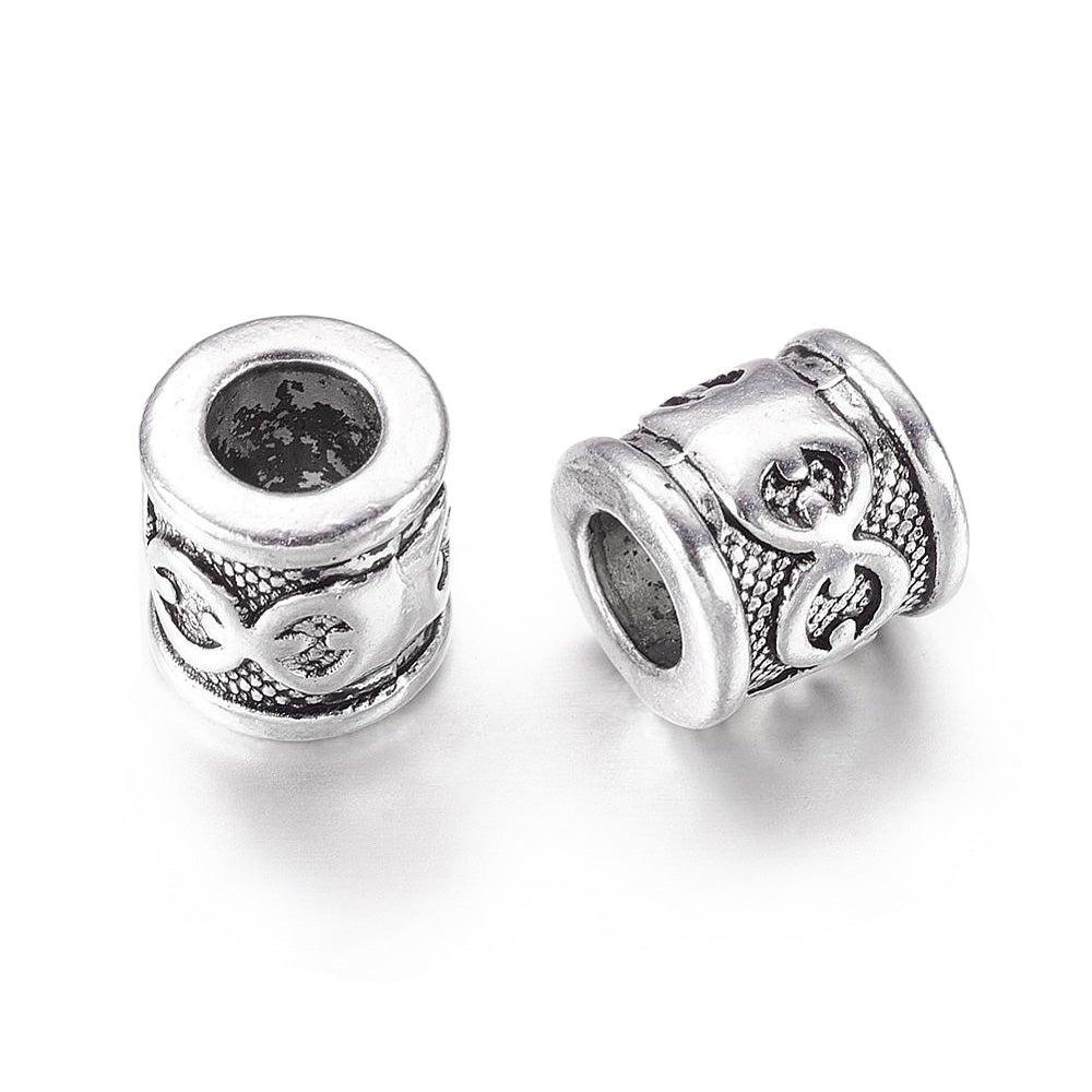 Tube Spacer Beads, Antique Silver Color. Gold Column/Tube Spacers for DIY Jewelry Making Projects.   Size: 10mm Diameter, 10mm Thick, Hole: 5.5mm, approx. 5pcs/bag.   Material: Antique Silver Tibetan Style Alloy Column/Tube Spacer Beads. Shinny Finish. 100% Lead and Nickel Free Spacers.