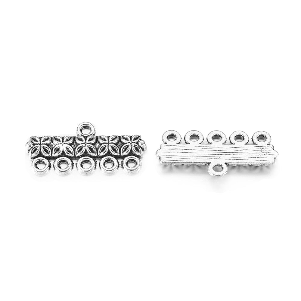 Chandelier Alloy Link Connectors, Chandelier 5 strand Reducer Connector. Antique Silver Colored Connector for DIY Jewelry Making.   Size: 25mm Length, 12mm Width, 3mm Thick, Hole: 1.5mm, Quantity: 4pcs/bag.  Material: Alloy (Lead and Cadmium Free) Connectors, Links.. Antique Silver Color. Shinny Finish.