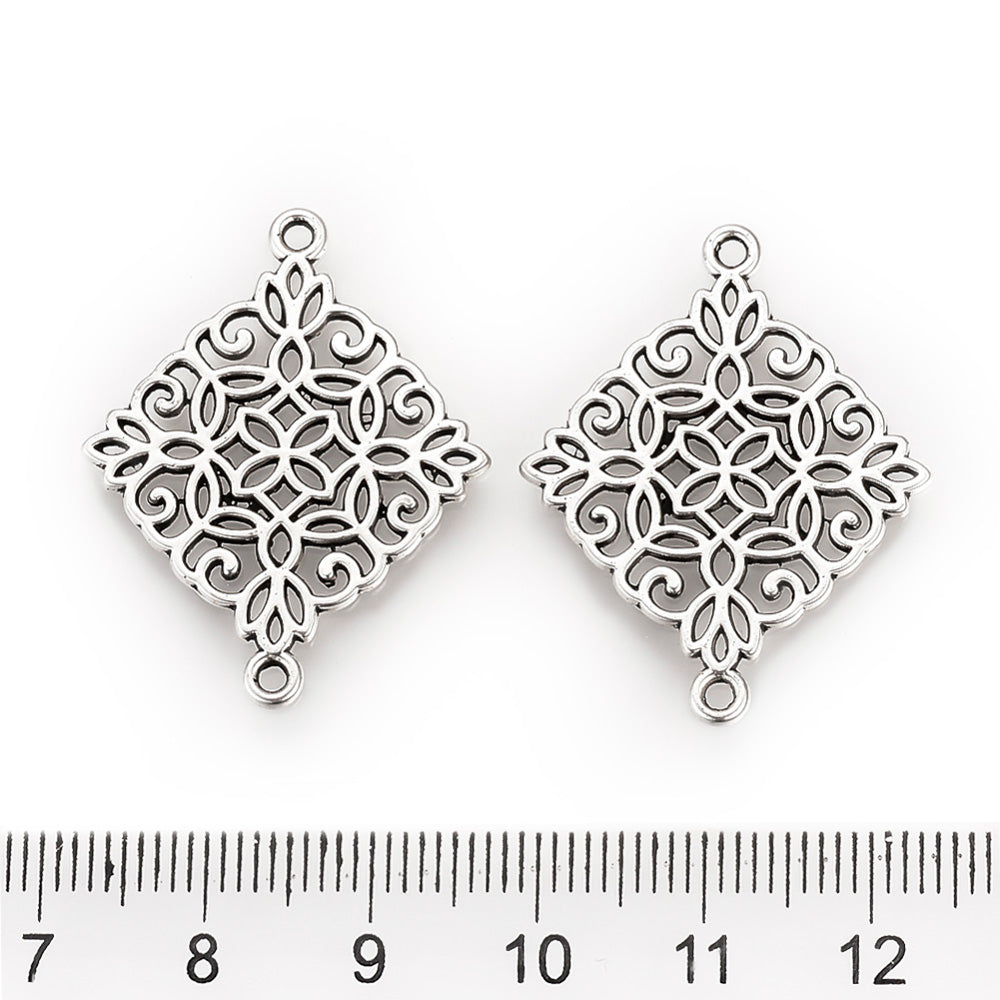Link Connectors, Rhombus. Antique Silver Colored Connector for DIY Jewelry Making.   Size: 28mm Length, 22mm Width, 1mm Thick, Hole: 2mm, Quantity: 5pcs/bag.  Material: Alloy (Lead and Cadmium Free) Connectors, Links. Rhombus Shaped. Antique Silver Color. Shinny Finish.