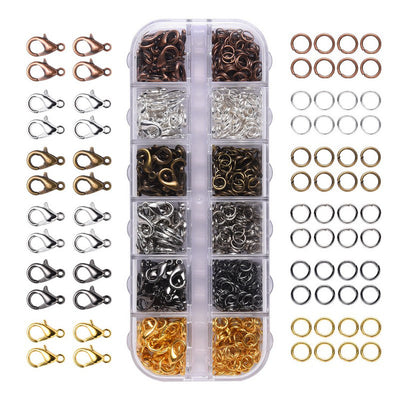 DIY Jewelry Making Kit. Gold, Silver, Gunmetal, Antique Bronze and Red Copper Colored Lobster clasp and jump rings. Multi Color Jewelry Making Set.  Size: Lobster Clasps: 12x6mm Hole: 1.2mm, approx. 132 pcs/package.           Jump Rings: 5mm approx. 708pcs/package.  Material: Alloy Loster Clasps Iron Jump Rings. 840pcs/box
