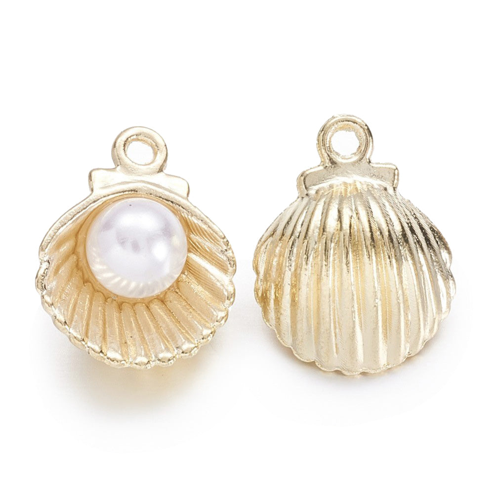 Sea Shell Charms with Acrylic Pearl Charm, Antique Gold Colored for DIY Jewelry Making. Charms for Bracelet and Necklace Making.  Size: 15mm Length, 11mm Width, 7mm Thick, Hole: 1.5mm, Quantity: 4pcs/package.  Material: Alloy (Lead and Nickel Free) Charms. Antique Gold Color. Shinny Finish.